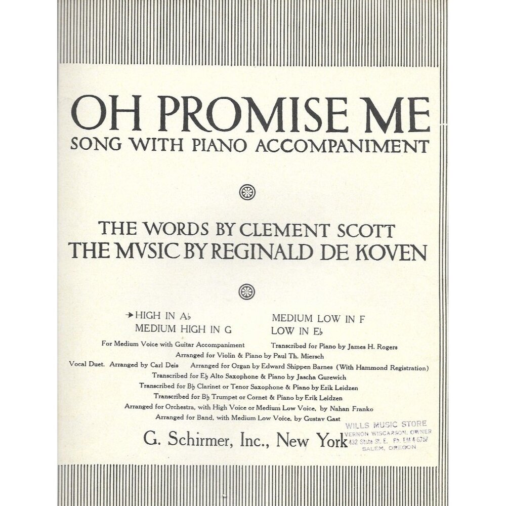 Oh Promise Me Vintage Sheet Music 20th-century reprint by G Schirmer Inc.